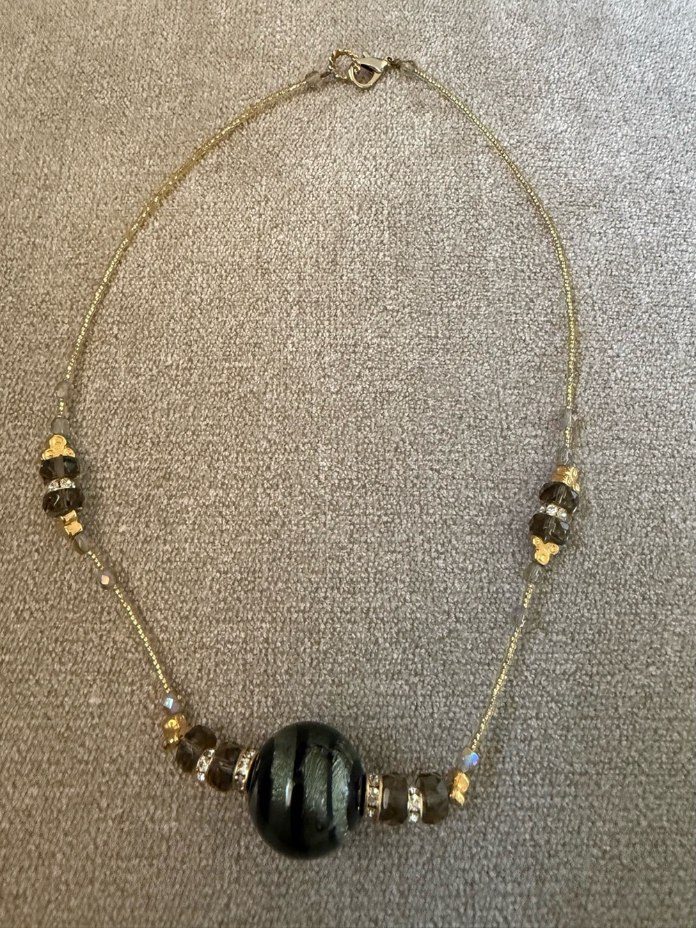 Gold-Tone Necklace with Black Striped Glass Focal Bead